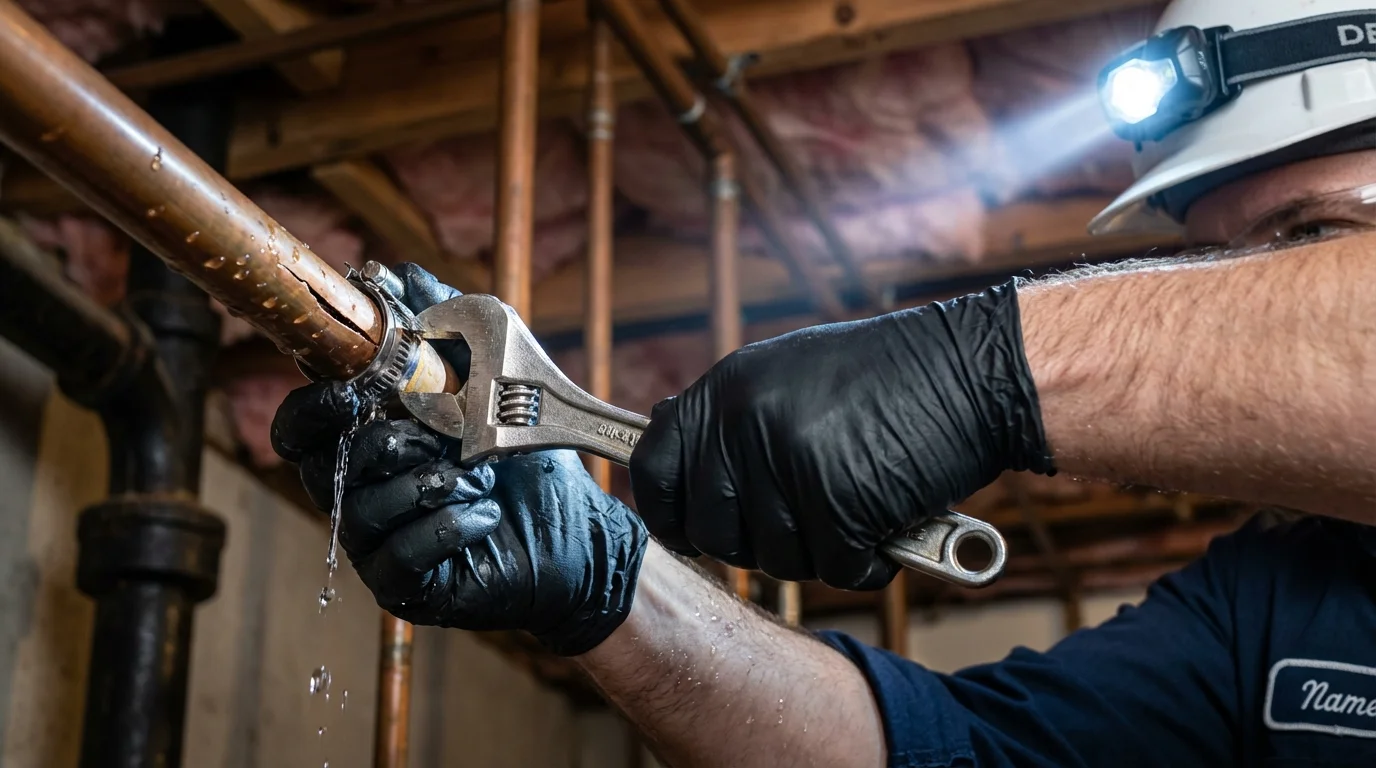 Emergency pipe clamp repair being performed by a Johns Plumbing LLC plumber in Hamilton