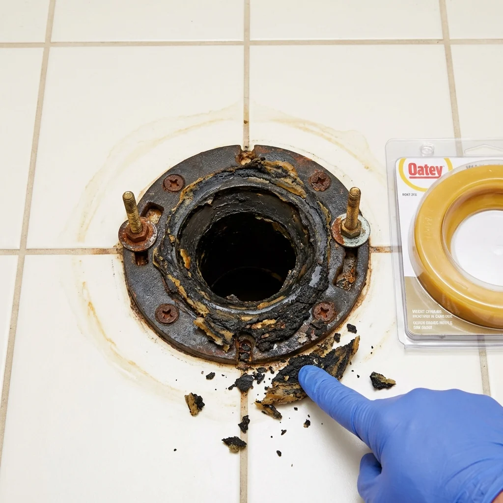 Failed wax ring showing water seepage at the base of a toilet in a Hamilton, IN home