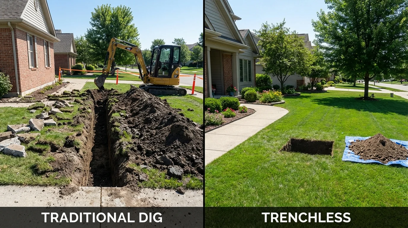 Trenchless sewer repair with minimal yard damage versus traditional excavation in Hamilton, IN