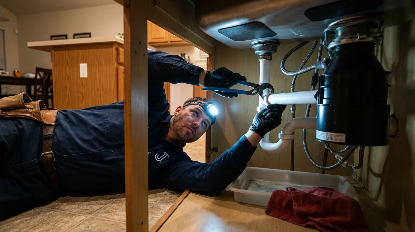P-trap and supply line connections under a kitchen sink showing a common leak point in Hamilton, IN